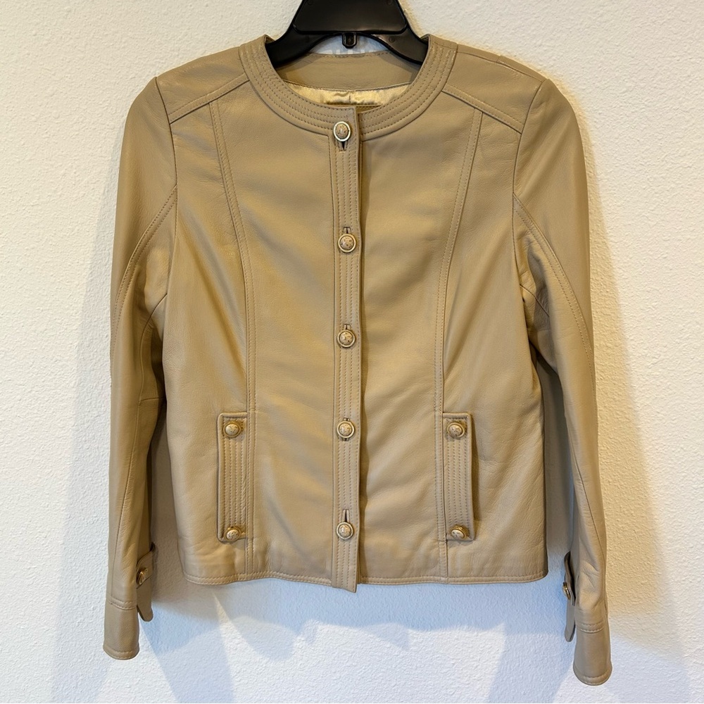BRAND NEW!  St. John Sport beige leather button down jacket Sz. M